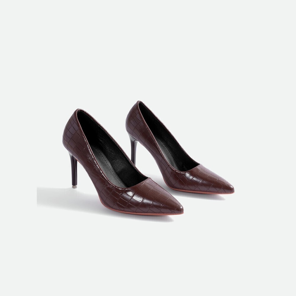 Brown Croc Embossed Faux Leather Pointed Toe Stiletto Pumps